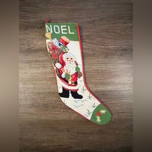 Vintage Needlepoint Christmas Stocking, Santa & Toy Sack, Wool Tapestry